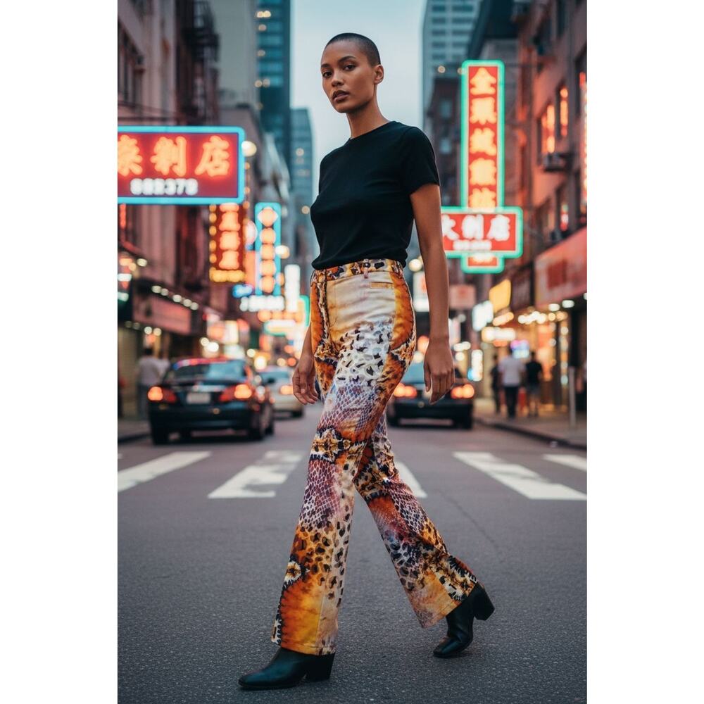 Tesoro Moda multicolored animal print size 1X fly zipper fit flare bell bottoms